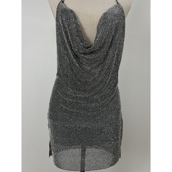Rhinestone Chainmail Side Slit Sexy Mini Dress Silver & Black Party Size S/M - Picture 15 of 16